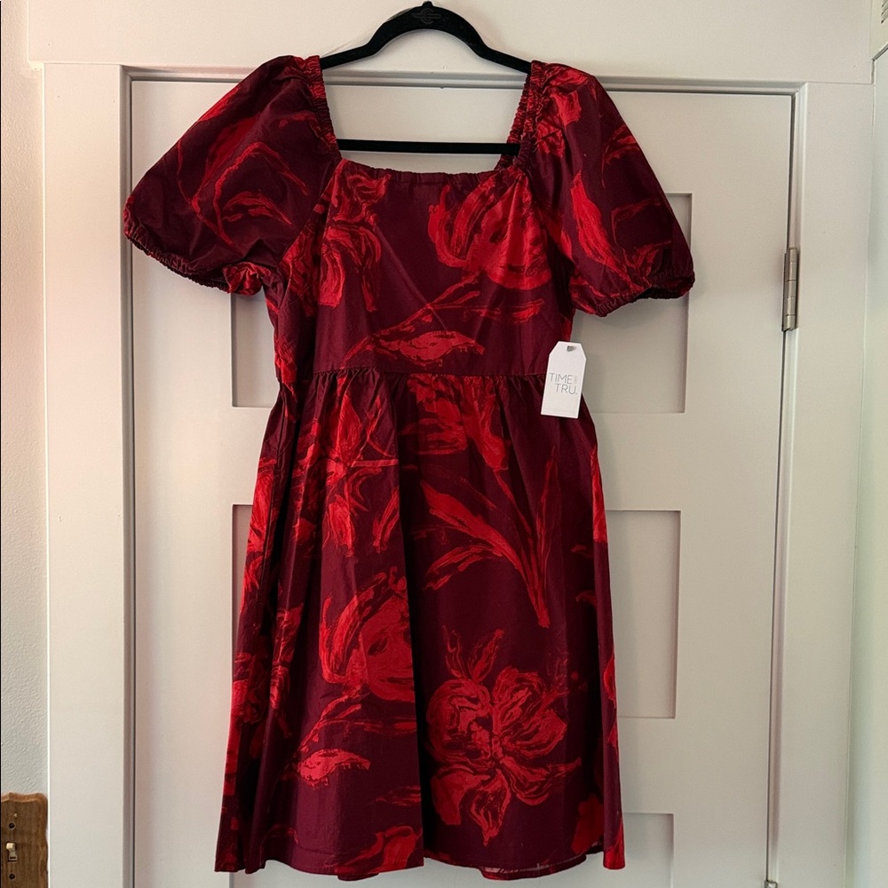 Red Floral Puff-Sleeve Tie Back Women’s Dress - Time and Tru